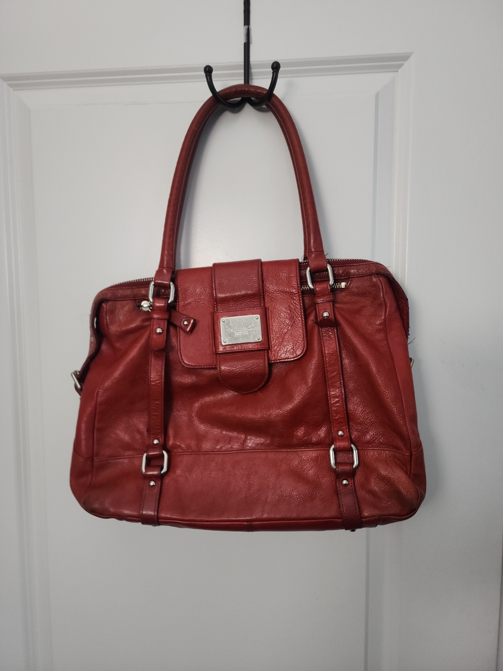 Kenneth Cole Red Leather Shoulder Tote Handbag with Front Flap
